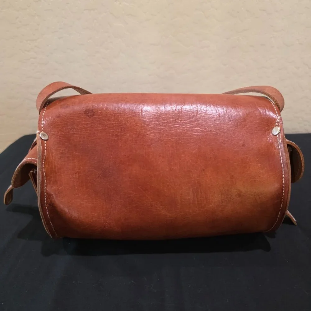 Vintage Handmade Hazelnut Brown Genuine Leather Barrel Purse Crossbody Bag